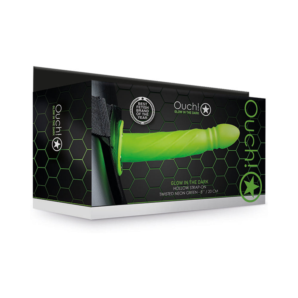 Ouch! Twisted 8 " Glow in the Dark Hollow Strap-On Neon Green
